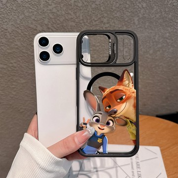 瘋狂動物城朱迪尼克 隱形鏡頭支架磁吸殼 適用iPhone17/16/15/11/13/14全系列 防摔硬殼 免費送鏡頭貼