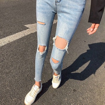 春夏季新款辣妹破洞牛仔褲女高腰顯瘦百搭九分乞丐小腳褲潮流