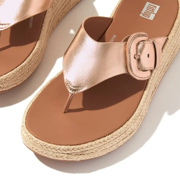 fitflop 草編調整式扣環金屬皮革厚底夾脚涼鞋-玫瑰金色