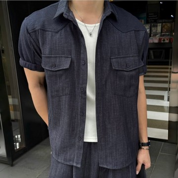 正韓美式西部風拼接雙口袋半寬牛仔短袖襯衫 2色 YUPPIE 預購商品 0817