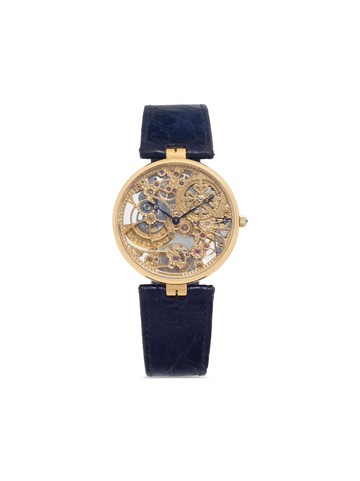 Patek Philippe - 1988 pre-owned Skeleton 31mm - men - 18kt Yellow Gold/Sapphire Crystal/Leather - One Size