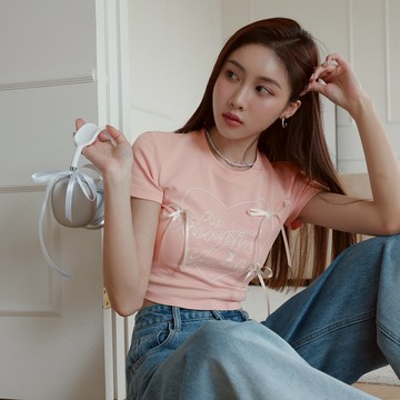 AIR SPACE LADY 韓系蝴蝶結緞帶TEE(黑/粉紅) 女裝 現貨