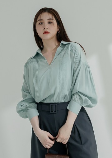 雲朵自訂款-透膚壓褶拼接泡泡袖襯衫上衣