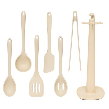 Le made 基本款矽膠廚具6件組 + 廚具收納架組  1組  象牙白  湯杓 + 長柄湯杓 + 鍋鏟 + 抹刀 + 濾杓 + 夾子 + 支架