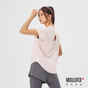 Mollifix 瑪莉菲絲 涼感後背鏤空短袖上衣(石英粉) 瑜珈上衣、瑜珈服