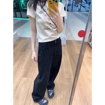 復古波點牛仔褲女夏季2024新款韓版設計感寬松直筒闊腿褲長褲褲子