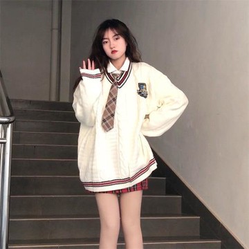 英倫學院風V領毛衣女秋冬季jk制服寬松針織衫襯衫裙子三件套裝ins