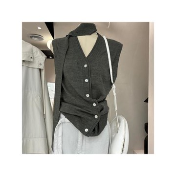 十三行夏季新款設計感小眾深灰色v領無袖吊帶背心女外穿短款上衣