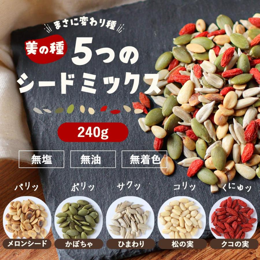 ひまわりの種 5種 シードミックス 松の実 無塩 240g ミックスシード 種 食用 素焼き おすすめ 手作り 健康 美容 おやつ かぼちゃの種 メロンシード スイカの種