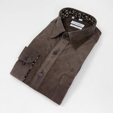 Pierre Cardin 男襯衫 進口素材純棉保暖休閒素面長袖襯衫_咖啡色(41841-87)