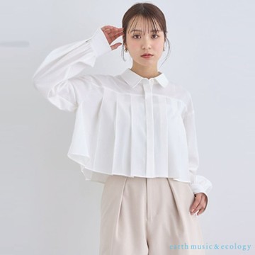 【earth music】素面立體打摺設計短版長袖襯衫