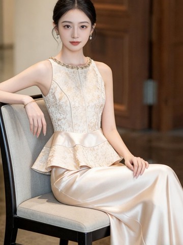 香檳色 輕奢風無袖蕾絲拼接禮服 新娘結婚敬酒服成人禮輕禮服