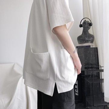 冰絲短袖男豎條紋肌理感小領口t恤設計感多口袋上衣夏季半袖體恤