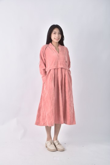 (XS（含）以下) emphasize燈芯絨傘擺粉色洋裝