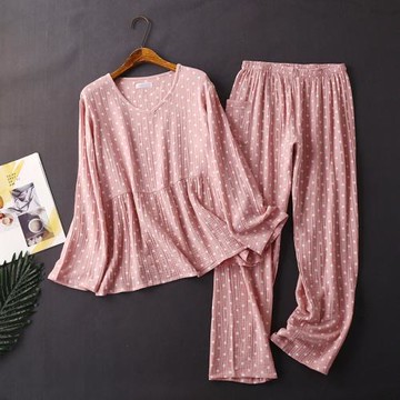 秋季女款純棉水洗肌理縐紋紗布長袖長褲睡衣產后月子服家居服套裝