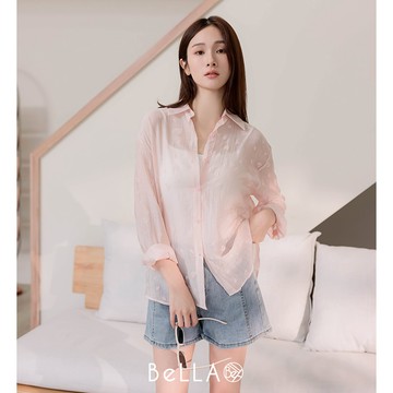 【早春新品】BeLLA 花印透膚襯衫上衣 粉色