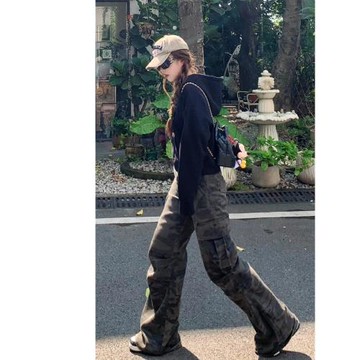 mrzp美式闊腿微喇迷彩工裝褲女又A又颯多口袋戶外露營