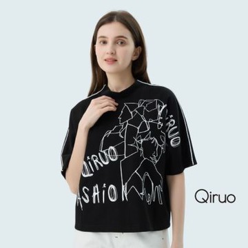 Qiruo 奇若秋冬專櫃黑色五分袖上衣7245A 數位圖形設計