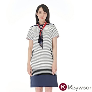 KeyWear奇威名品    運動條紋短袖洋裝-深藍色
