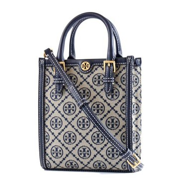TORY BURCH 專櫃款 T MONOGRAM 緹花LOGO手提/斜背小方包-藍色