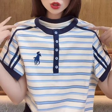 2026新款條紋短袖上衣女時尚刺繡小馬媽媽裝T恤大碼女裝