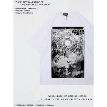 歐美風金屬暗黑小眾搖滾暗黑人像縷空廓形英文寬松男女短袖T恤棉