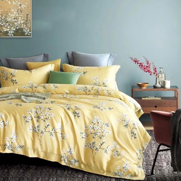 貝淇小舖 40支100%純天絲TENCEL 全鋪棉床包四件式  床包 + 兩用被套 + 枕套組  雙人  花雨露黃