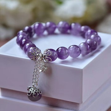 天然紫水晶手鏈 薰衣草紫水晶配925銀玫瑰花手鏈 紫晶手鏈