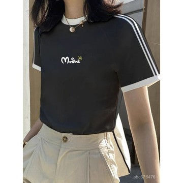 三條槓 正肩 短袖 T恤女 夏季新款 显瘦 露肚脐上衣 簡約 百搭 日常出勤