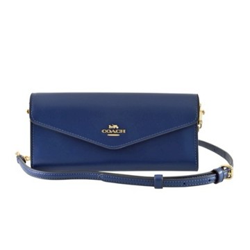 [平輸版] 【COACH】深藍色全皮信封釦式翻蓋二合一WOC長夾/斜背包 真品平輸
