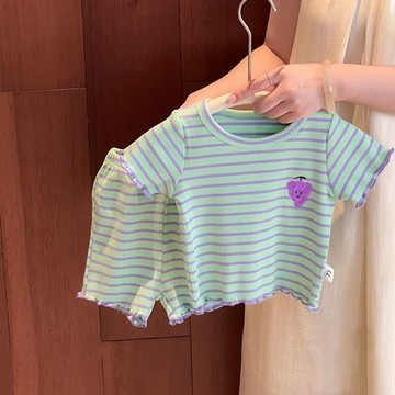 mori🎀mori現貨當天出貨🎀兒童套裝 短袖短褲 夏季薄款 冰絲涼爽 木耳邊條紋 中小童 兩件套套裝