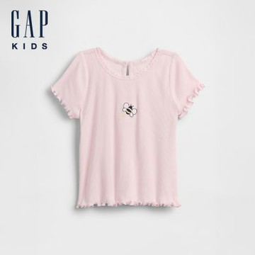 【GAP】嬰兒及幼兒刺繡羅紋T恤-淺粉色/象牙白(882043)