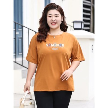 夏裝短袖t恤女士純棉中年胖媽媽裝大碼寬松遮肚印花氣質彈力上衣