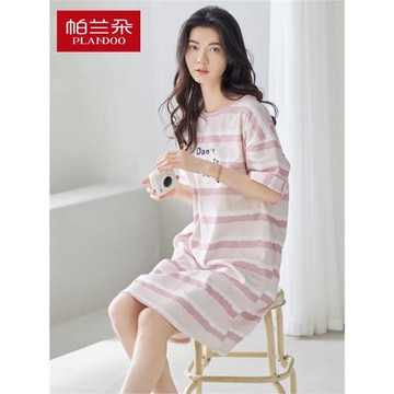 帕蘭朵睡裙女夏季純棉短袖中長款休閑條紋簡約全棉圓領睡衣家居服