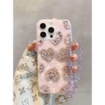 適用iPhone15ProMax手機殼蘋果16pro輕奢氣質ins滿屏愛心水鉆14高級感女15超火新款13高檔奢華16pm水晶帶掛繩