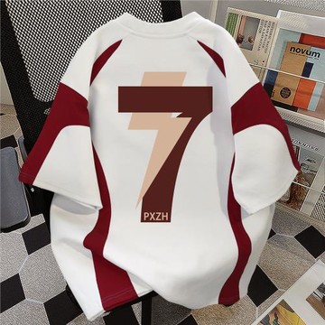 美式街頭數字印花純棉短袖T恤女2025夏季設計感拼色重磅內搭上衣