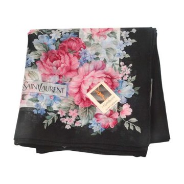 YSL Yves Saint Laurent 黑底水彩玫瑰花卉圖騰字母LOGO帕領巾(48CM)
