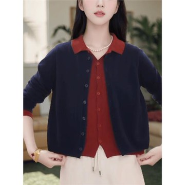 高端重工撞色假兩件針織衫秋裝新款翻領襯衫媽媽裝洋氣減齡外套女
