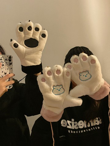 可愛小熊掌毛茸茸手套女生冬季保暖加絨加厚熊爪騎車女士冬天情侶