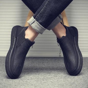 冬季豆豆男鞋廚房上班工作勞保板鞋男厚底黑色一腳蹬休閑皮鞋防水