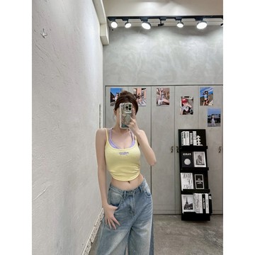 (現貨) 獨家 美式休閒 刺繡假兩撞色背心 罩杯可拆 托胸帶固定 顯身材 百搭質感 彈力 女生背心 韓系穿搭 夏天必備
