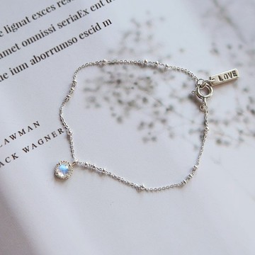 925純銀 月光石 圓形鑽面 客製化刻字 點點 手鍊 免費送禮包裝