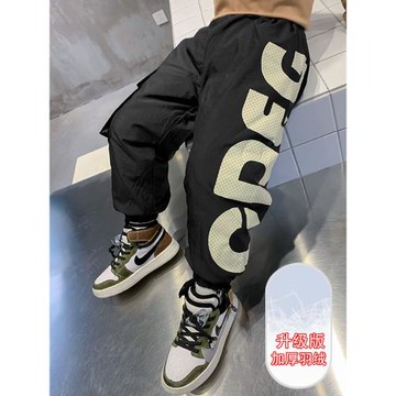 兒童裝男童加絨褲子秋冬款2024新款羽絨棉褲一體加厚冬季保暖褲潮