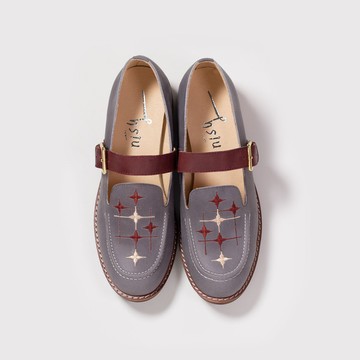 【HSIU創意手工繡花鞋】刺繡率性木跟鞋｜一花窗 (灰紫紅) LW-19