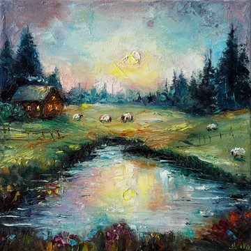 厚塗油畫風景畫、鄉村小屋畫、氛圍感風景畫