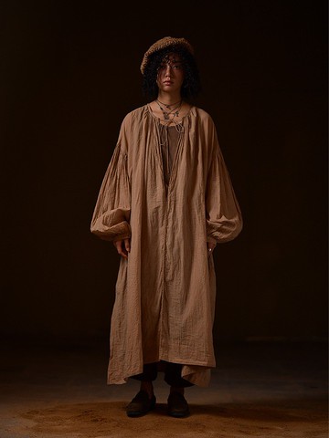 茶色 純色套頭袍子 中長款 長袖洋裝