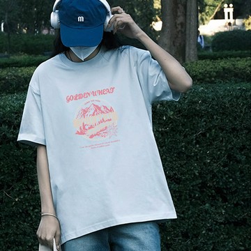 MXIAN - 純棉寬版印花T恤-粉色山脈-藍色