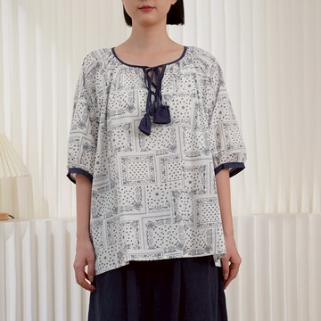 文青風綁帶印花上衣341138