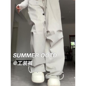 灰色工裝褲女夏季薄款2025新款高腰春秋降落傘休閑闊腿美式運動褲