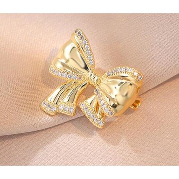 ANGEL 甜美蝴蝶結閃亮鋯石胸針別針2用(金色)